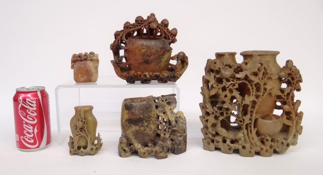 Asian Soapstone Lot: Lot five C. 1900's Asian soapstone sculptures. 2 1/2" to 8" Ht.