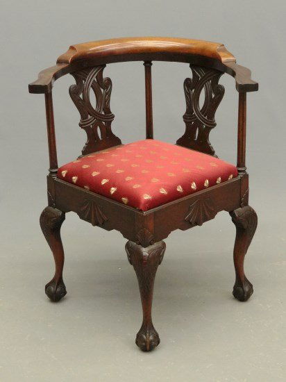Corner Chair: C. 1900's carved corner chair. 18" seat Ht., 31 1/2" overall Ht.