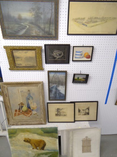 Arwork Lot: Lot misc. prints, orig. art etc., includes "Preliminary Sketch Of Building For Hathaway Bakeries" (N.Y.C.), "Home Sweet Home", still life signed "R. Gamble", painting bear signed "Terry Smith", waterc
