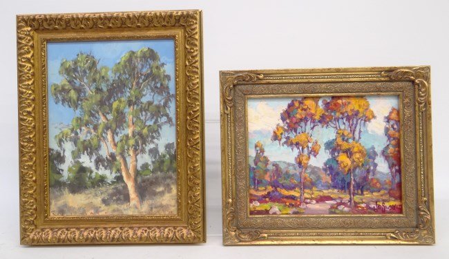 Painting Lot: Lot two paintings including landscape with trees signed "Rod Lingren", sight 11 1/2" x 8 1/2", along with oil on artist board "Eucalyptus Autumn" signed "JO Slay III" (Cal. b. 1953), sight 8" x 10".
