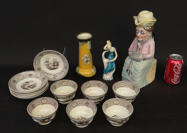 Pottery Lot: Lot including: handpainted vase, iris motif Phoenix Ware 8", Royal Doulton figure "Wood Nymph" 7 1/2" HN 2192, German figural tea pot 12", set of (6) 19th C. Wedgewood "Singanese" pattern handleless c