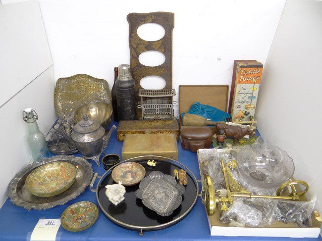 Misc. Lot: Misc. lot including pyro art, hardware, silverplate, Zeiss camera, early toaster, "Book Of Knowledge" mechanical bank, cigar band ash trays, black art deco glass, clay pipes, etc.