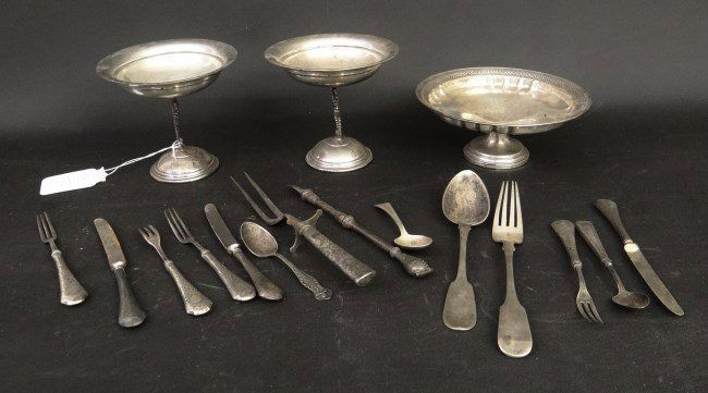 Sterling Silver Lot: Misc. sterling silver lot including seahorse motif compotes (491 grams), compote and group of misc. flatwear.