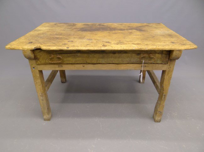 Farm Table: Primitive single drawer farm table. Top 32" x 49", 27" Ht. Provenance Myron Goldfinger Collection.