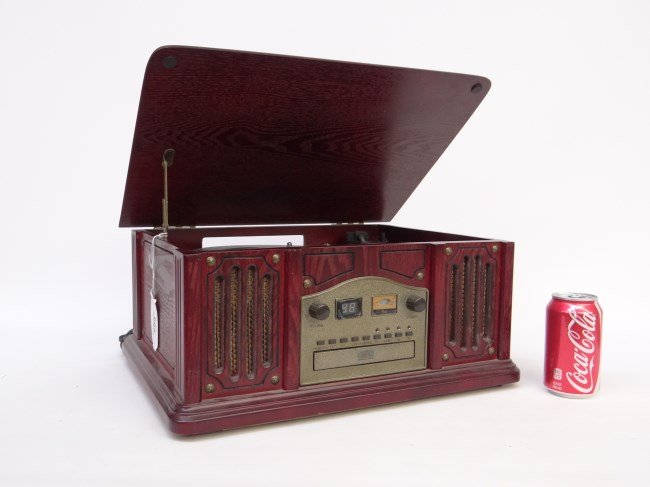 Record Player: Contemporary record player/radio/cd player in the Vintage style.