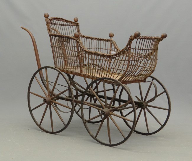 Wicker Baby Carriage: 19th c. wicker baby carriage as is condition.