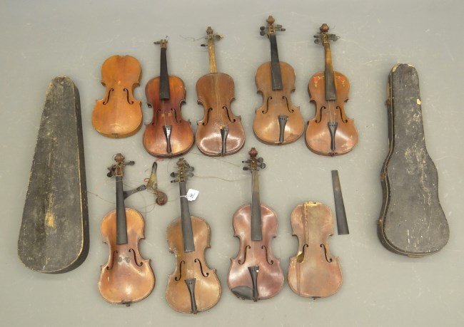 Violin Lot: Lot (6) violins plus parts and (2) cases. As found condition.