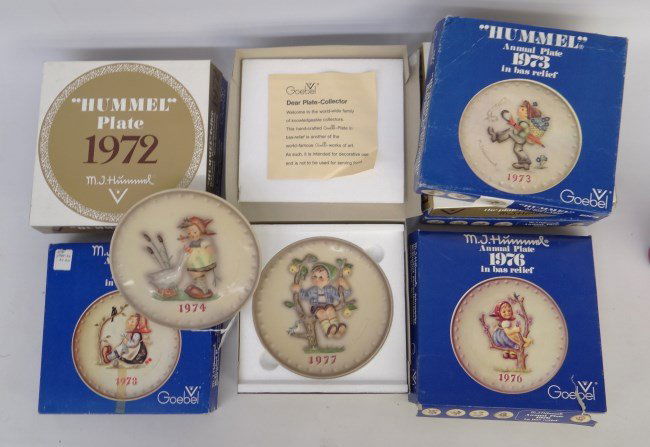 Hummel Annual Plates: Hummel annual plates in boxes including: 1972, 1973, 1975, 1976, 1977, 1978. Also, 1974 plate, plus (2) empty boxes 1971 and 1976.
