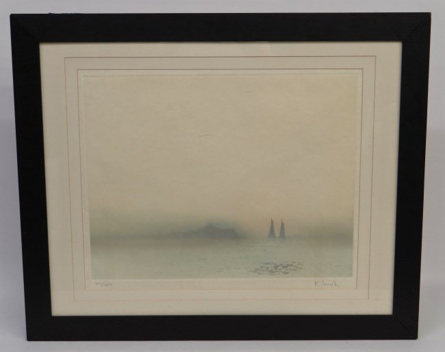 Signed Print: Print seascape signed illegibly. Ex: Lehman Brothers Collection Part II according to label verso. Sold at Freemans in Phil., sight 19" x 23 1/2".