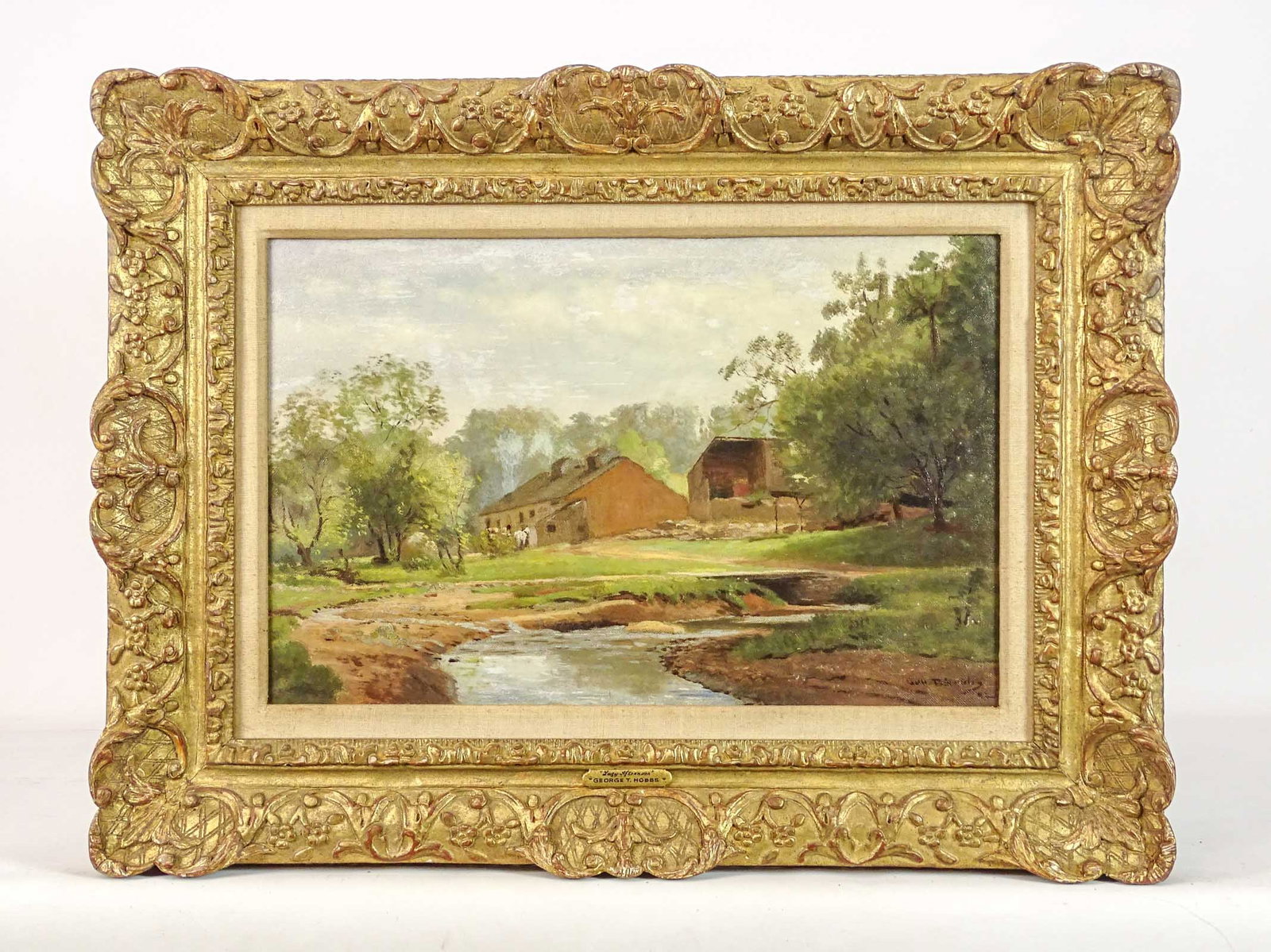 George Hobbs (1846-1929): Painting: George Hobbs (1846-1929), landscape with barns. Oil on canvas. 14 1/4" x 21 3/4", overall 22 1/2" x 30".