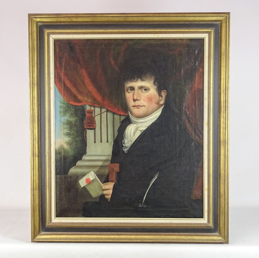 Painting: 19th c. Portrait of a Gentleman: Painting: 19th c. portrait of a gentleman with envelope. Oil on canvas. Sight 29 1/2" x 24 1/2", overall 37 1/2" x 33".