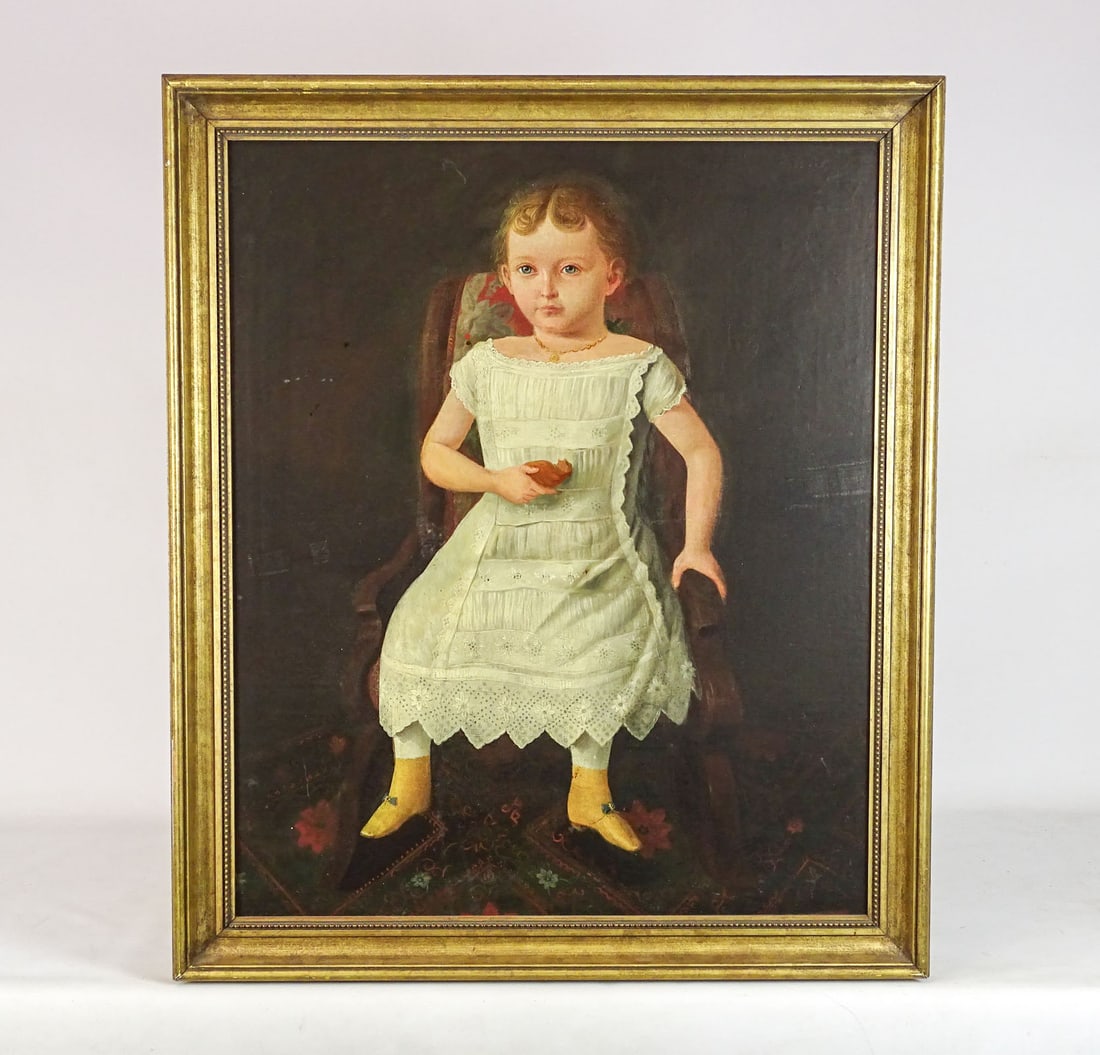 Painting: 19th c. Portrait of a Child: Painting: 19th c. portrait of a child with seashell. Oil on canvas. Sight 29" x 24", overall 34" x 29".