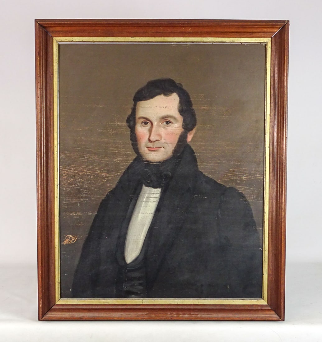 Painting: 19th c. Portrait of a Gentleman: Painting: 19th c. portrait of a gentleman. Oil on wood panel. 29" x 23 1/2", overall 34" x 28".