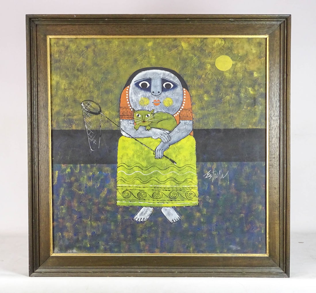 Painting: Modernist Subject Signed Estrella: Painting: Modernist subject with figure and cat. Signed Estrella. Oil on canvas. 30 1/2" x 30 1/2", overall 34 1/2" x 34 1/2".
