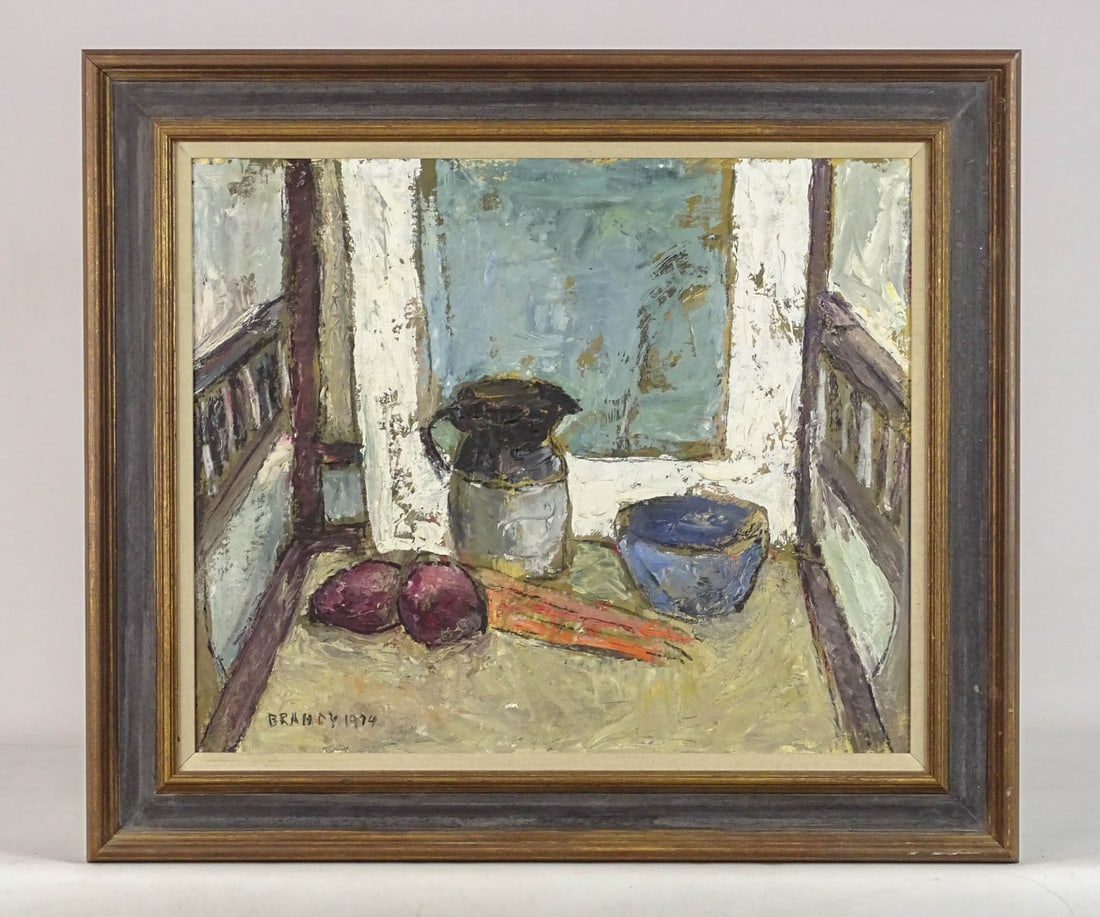 Painting: Still Life Signed "Brandy": Painting: Still life signed and dated "Brandy 1974"). Oil on panel. Overall in frame 26" x 30".