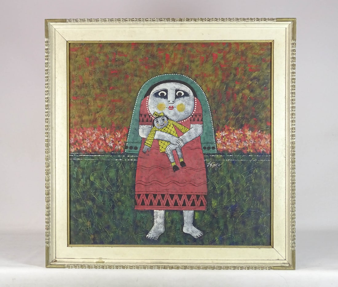 Painting: Modernist Subject Signed Estrella: Painting: Modernist subject with figure and doll. Signed Estrella. Oil on canvas. 31" x 30", overall 35 1/2" x 36".