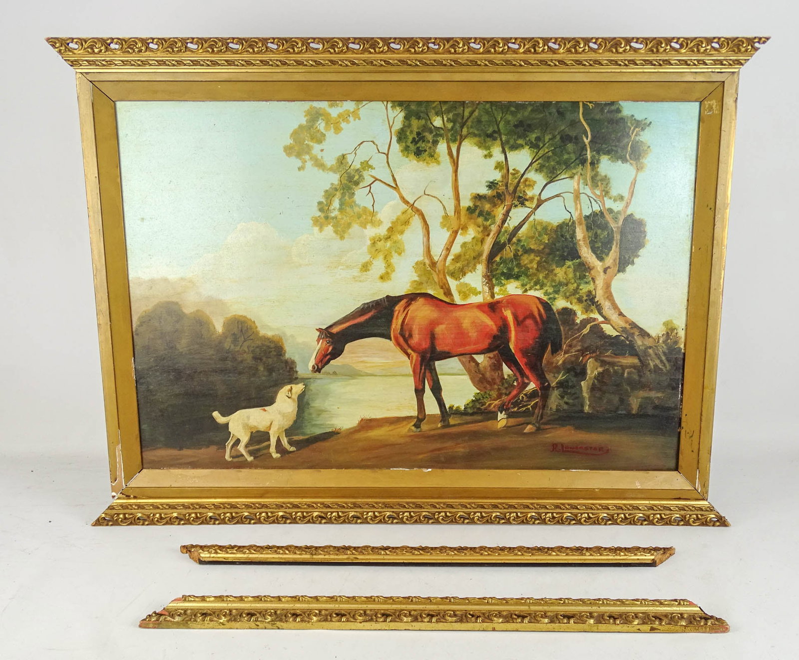 Painting: Signed R. Lancaster: Painting: Horse and Dog Signed "R. Lancaster"25 1/2" x 35 1/2". Two moldings need to reattached and are loose.