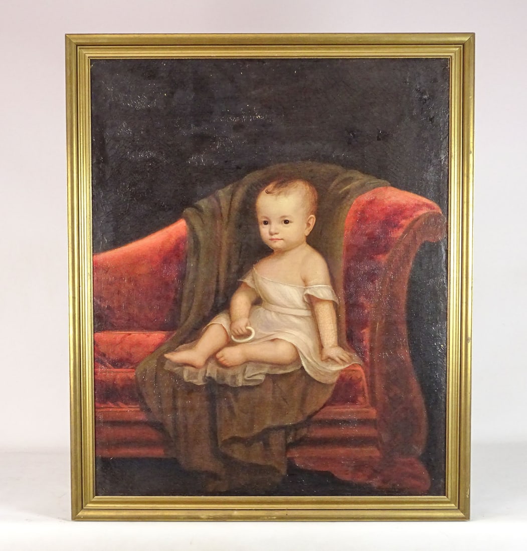 Painting: 19th c. Portrait of a Child: Painting: 19th c. portrait of a child with rattle. Oil on canvas. Relined. 36" x 29", overall 39 1/2" x 33".