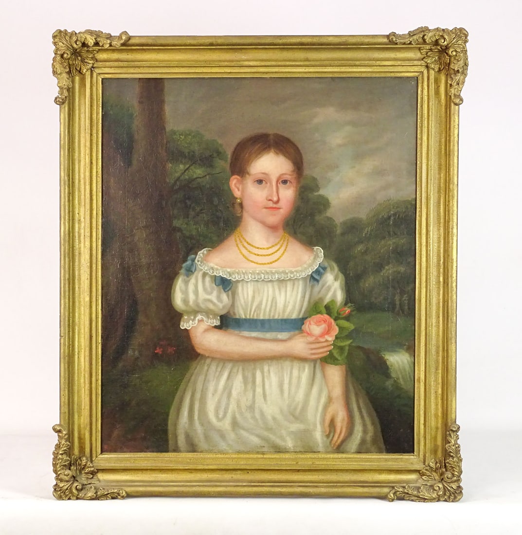 Painting: 19th c. Portrait of a Child With Rose: Painting: 19th c. portrait of a child with rose. Oil canvas. Marked verso "Jane Maria Reed Take July 1829 Aged 8 Years". 30" x 25", overall 35" x 30".