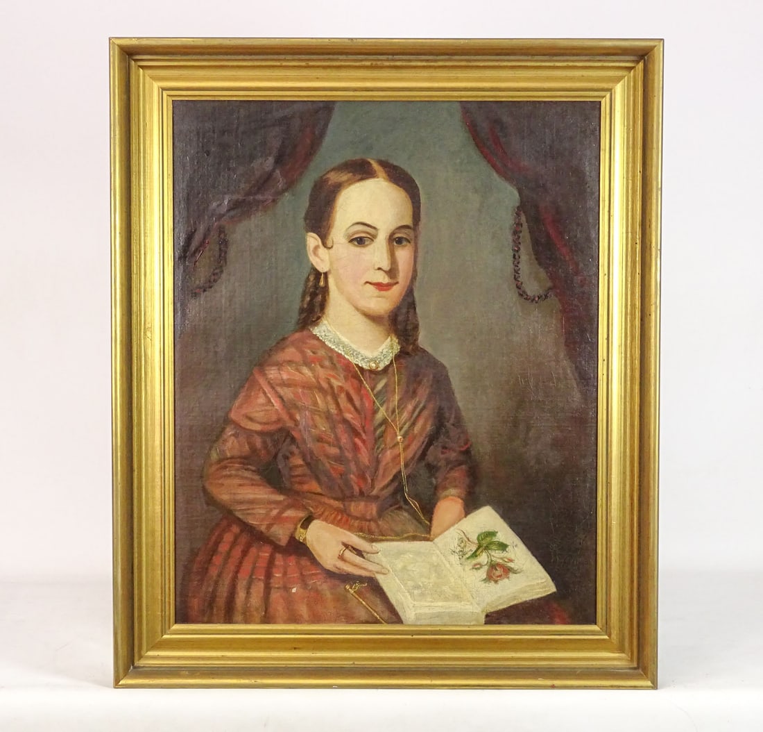 Painting: 19th c. Portrait of a Girl: Painting: 19th c. portrait of a girl with book. Oil on canvas. Marked verso "Circa 1850 Painted with House Paints-Relined-Boston-Primitive-". 27" x 22", overall 32" x 27".
