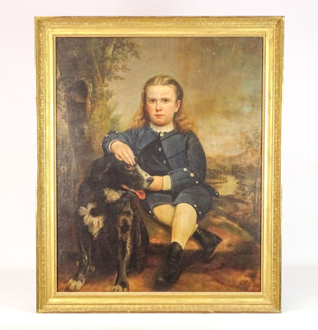 Painting: 19th c. Portrait of a Child With Dog: Painting: 19th c. portrait of a child with dog. Oil on canvas. 36" x 29", overall 40" x 33".