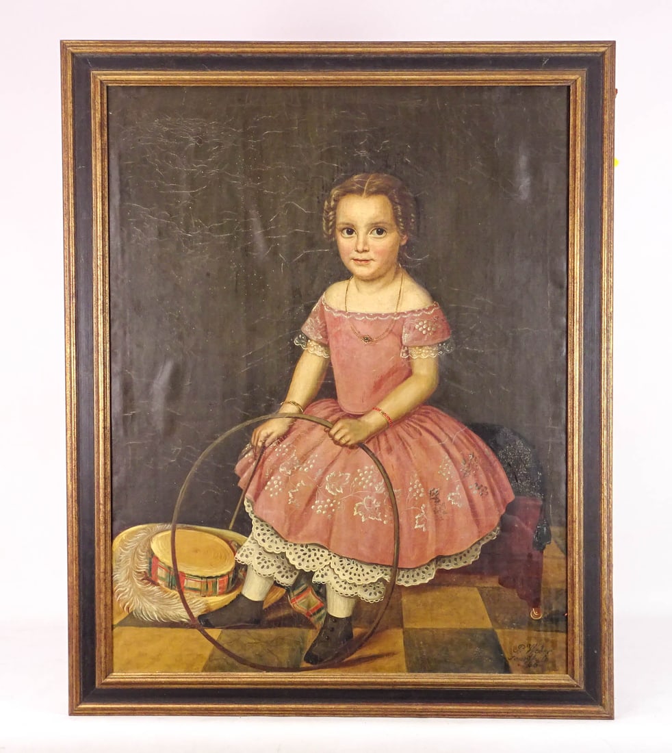 Painting: 19th c. Portrait of a Child With Hoop: Painting: 19th c. portrait of a child with hoop. Oil on canvas. Signed LRC "P. Weber Fourth St. 586". 38" x 30", overall 43 1/2" x 35 1/2".