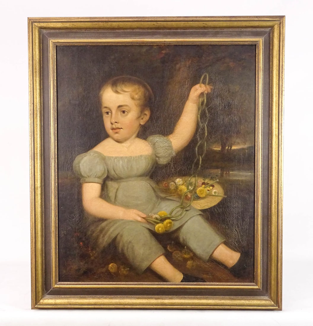Painting: 19th c. Portrait of a Child: Painting: 19th c. portrait of a child with chain and hat with flowers. Oil on canv