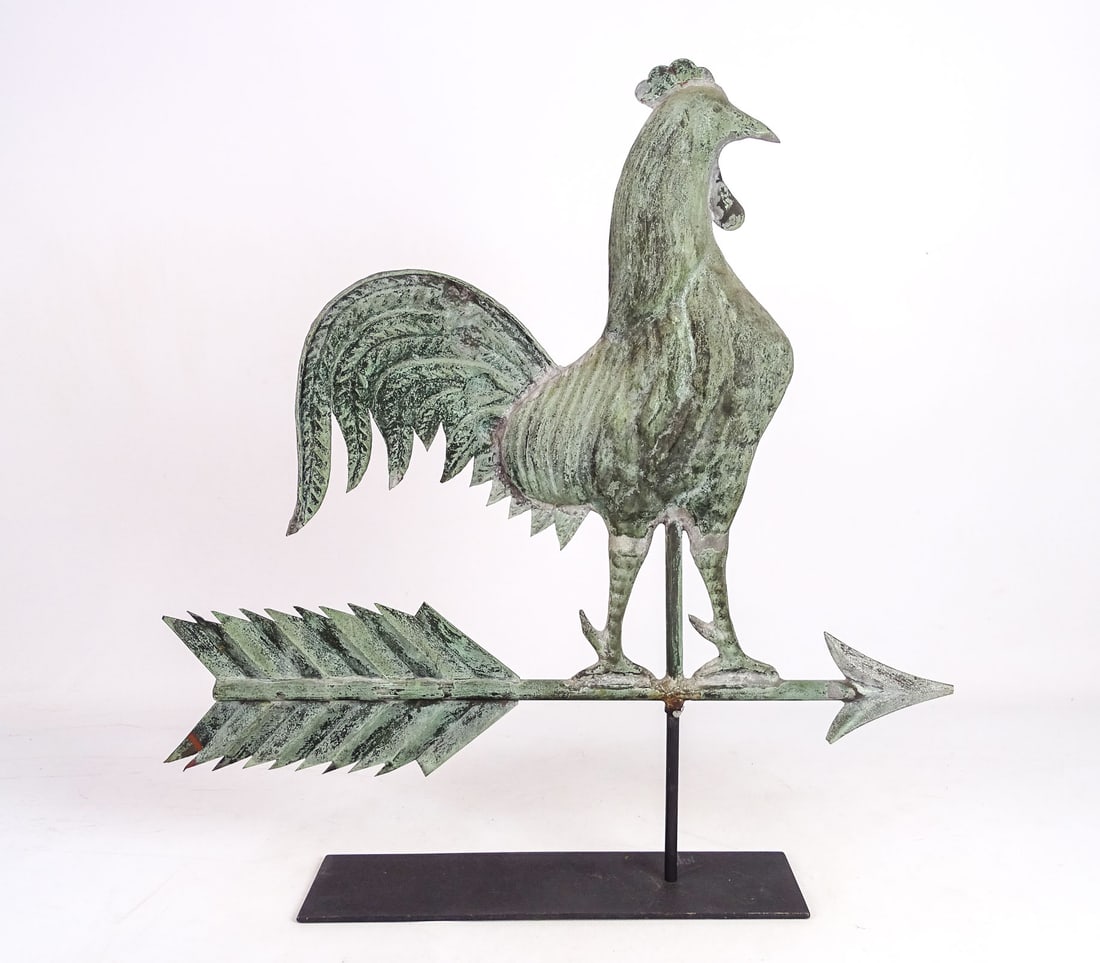 Rooster Weathervane: Copper Rooster on arrow weathervane. Verdigris patina. Stand included. 24" x 19".