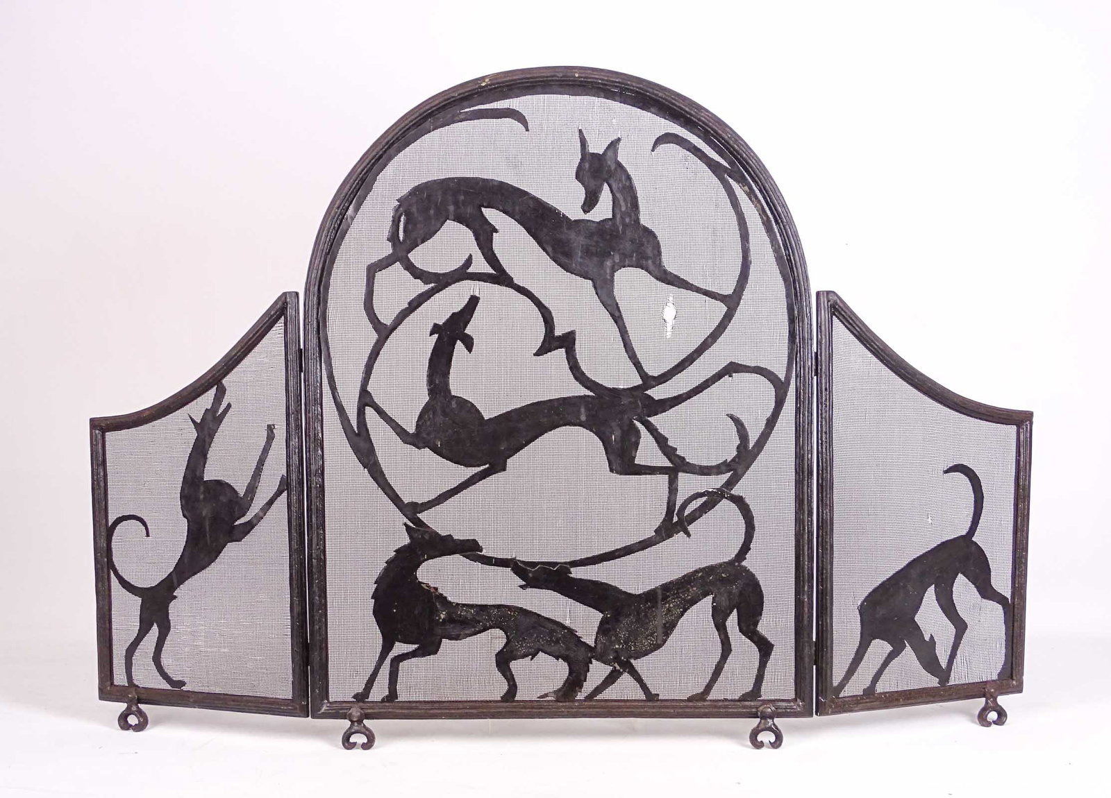 William Hunt Diederich Firescreen: William Hunt Diederich tri-fold wrought iron firescreen. Center panel 20" x 27", side panels 11" x 18".