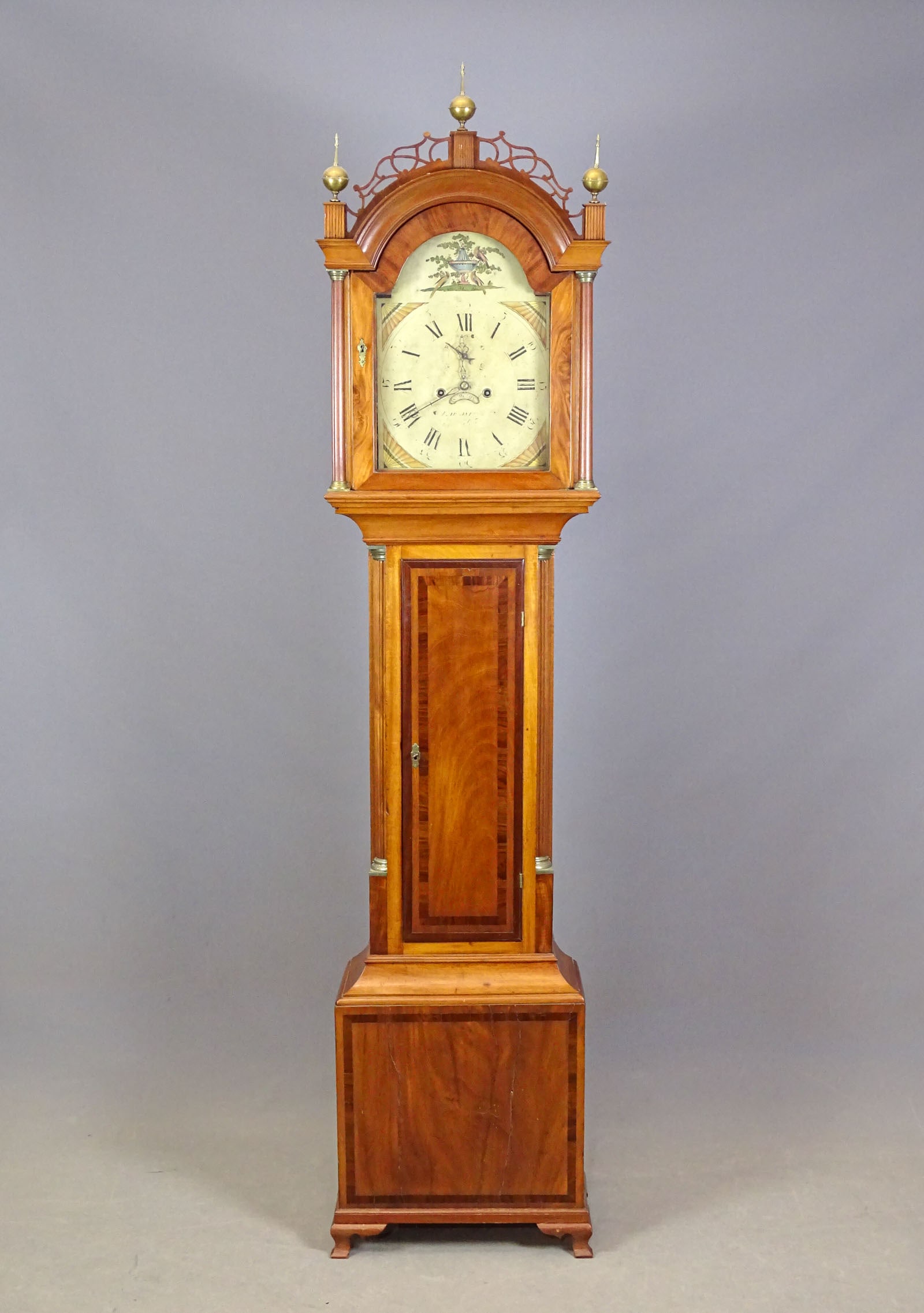 18th c. Grandfather Clock: 18th c. Grandfather clock. Brass works. Retains weights, pendulum and key. Face marked (worn). 19" x 9 1/2" x 85" Ht..