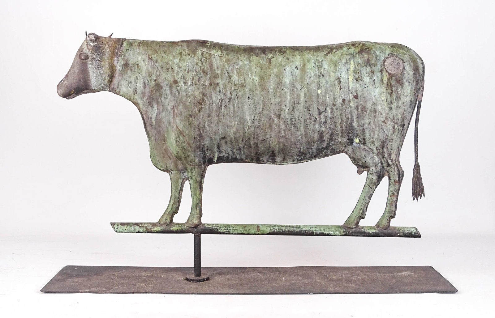 Bull Weathervane: Copper bull weathervane with cast head. Verdigris patina. One horn loose and needs to be attached. Base included. 23" x 16".