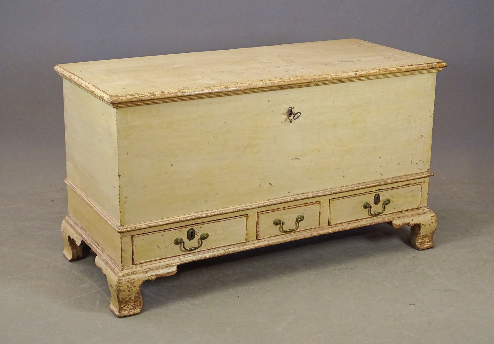18th c. Penna. Blanket Box: 18th c. Penna. Chippendale blanket chest with (3) drawers and bracket base. 49" x 22" x 29" Ht..