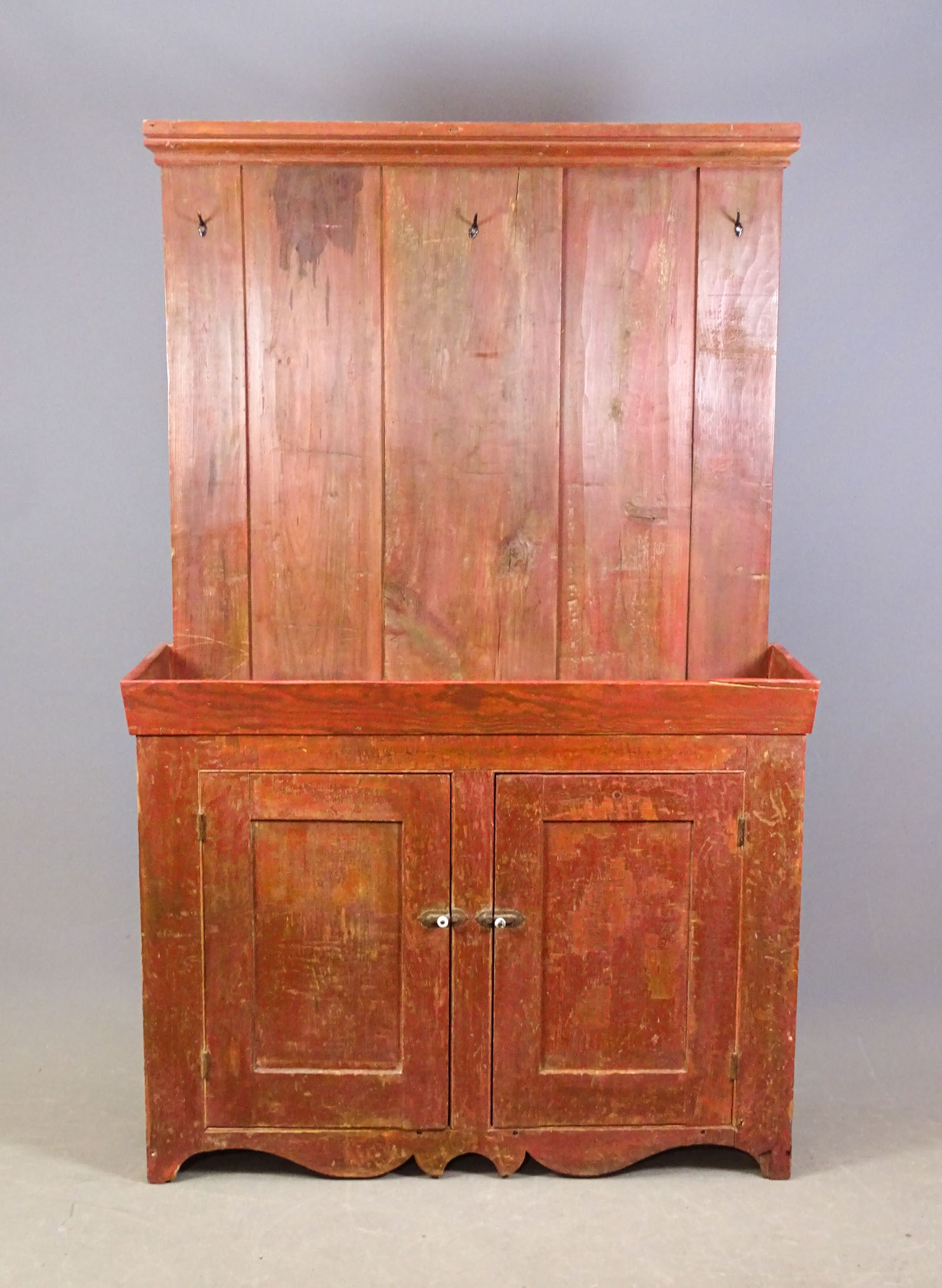 Drysink Cupboard: Early drysink cupboard with tall backsplash with hooks. 49 1/2" x 16 1/2" x 79" Ht..