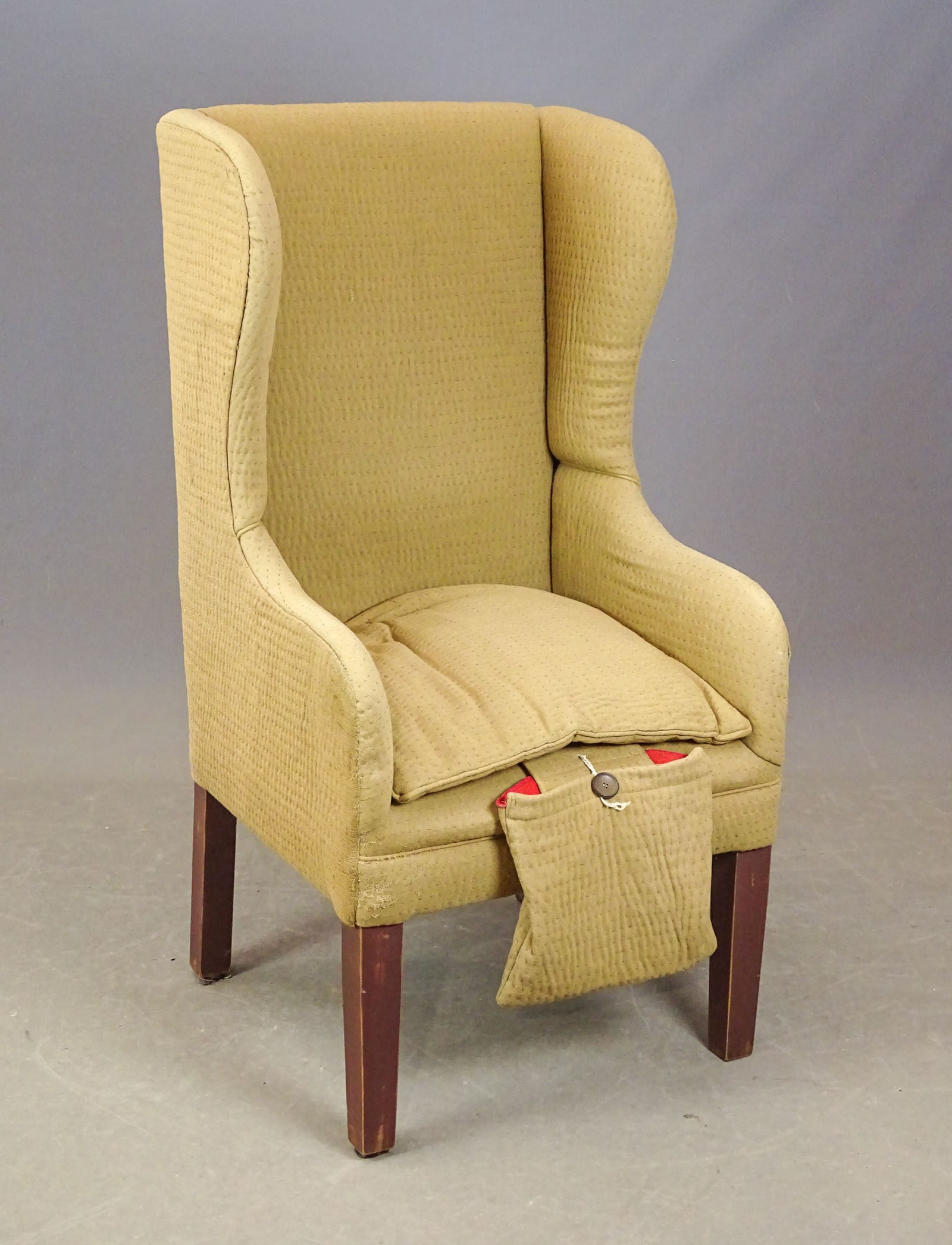 Country Wing Chair: Country wing chair. Upholstered with painted tapered legs. 24" x 24" x 49" Ht..