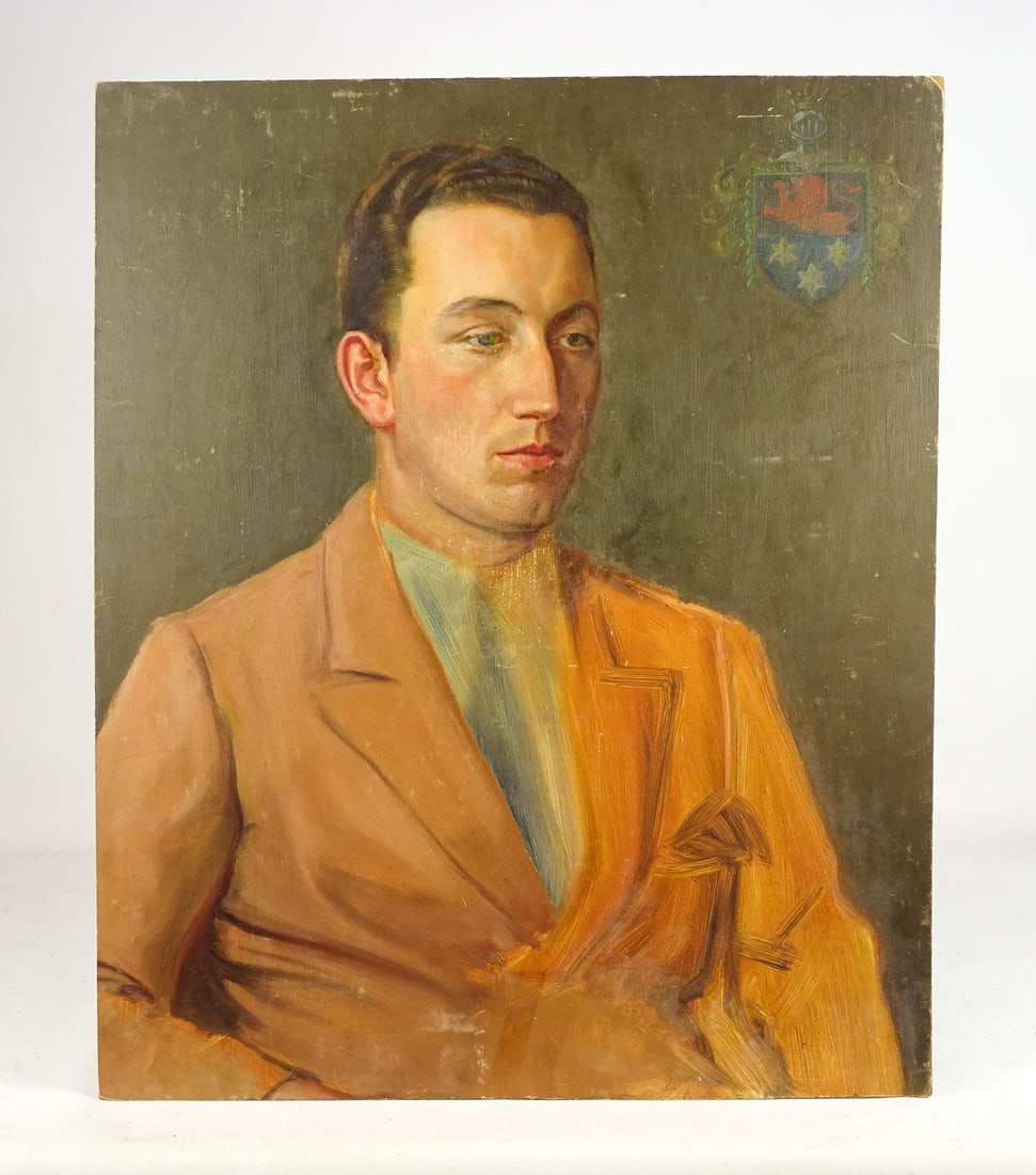 Frank Von der Lancken (1872-1950): Painting: Frank Von der Lancken (1872-1950), Portrait of a gentleman. Oil on masonite. Family crest top right corner. 24" x 20".