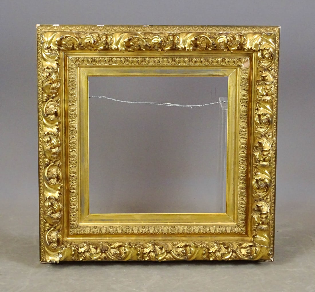 Plasterwork Frame: Elaborate American plasterwork frame. C. 1885. Gilded. Sight size 16 3/4" x 16 3/4", overall 29" x 29", rabbet 17 1/2" x 17 1/2".