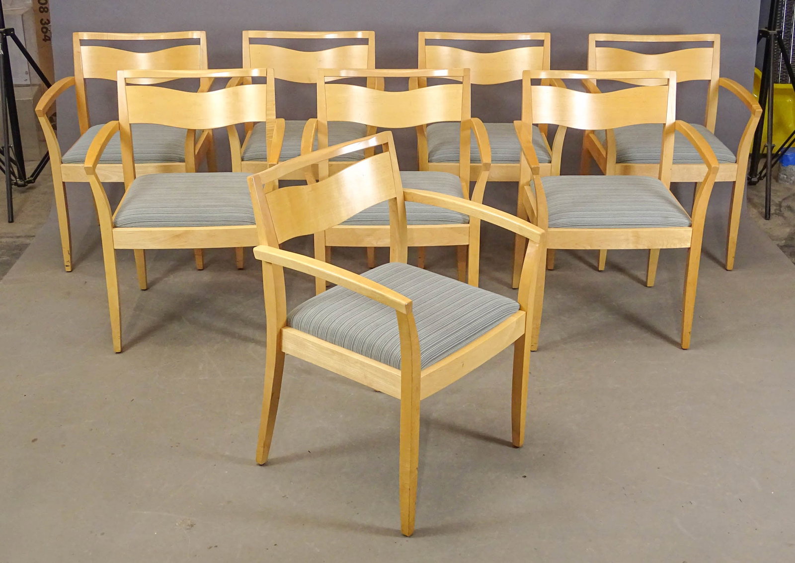Set of Knoll Armchairs: Set of (8) Knoll armchairs with upholstered seats. 18" seat Ht., 32" overall Ht.. Labeled underside, dated 1995.