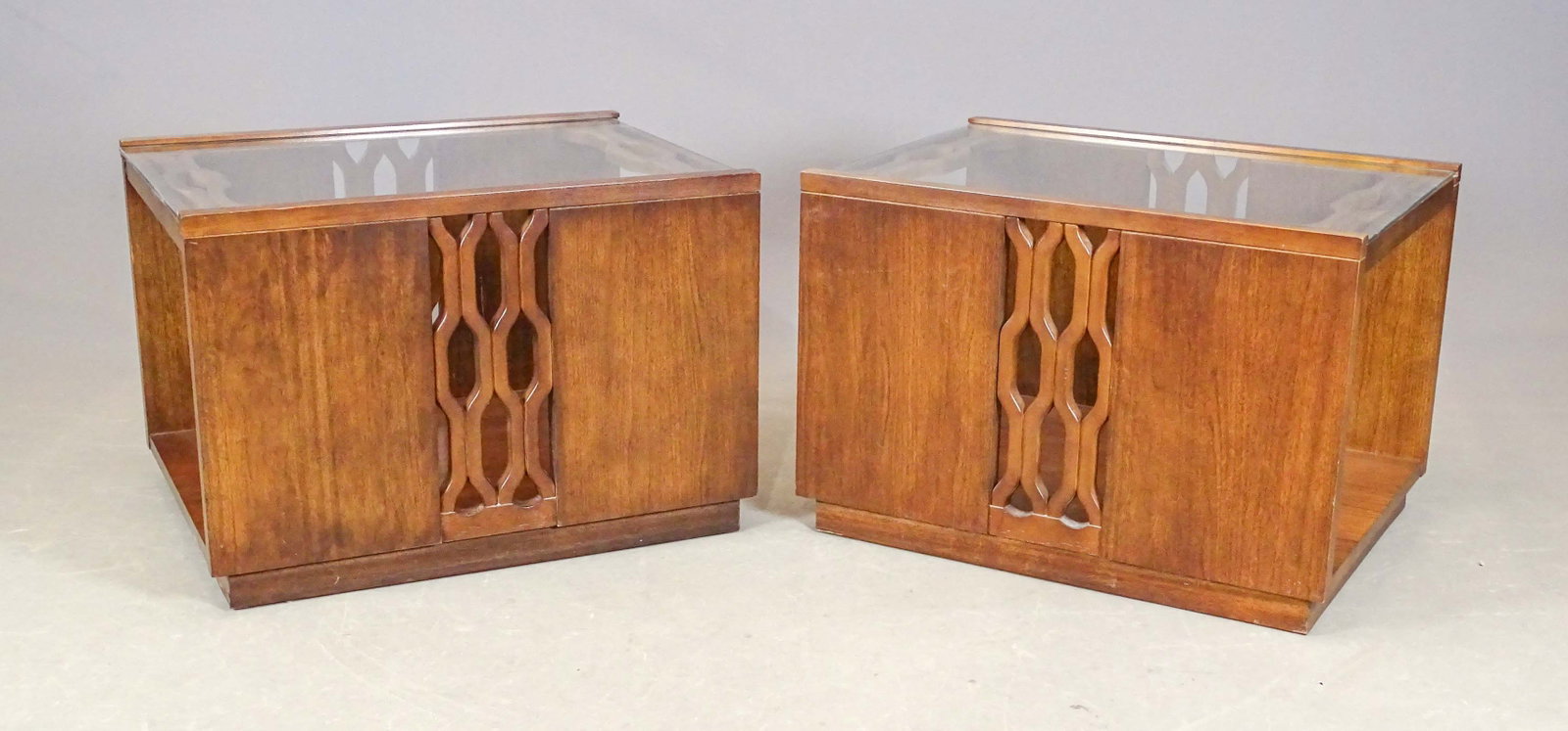 Pair Mid Century Brutalist End Tables: Pair of Mid Century Modern Brutalist style glass top end tables. 28" x 22" x 19 1/2" Ht.