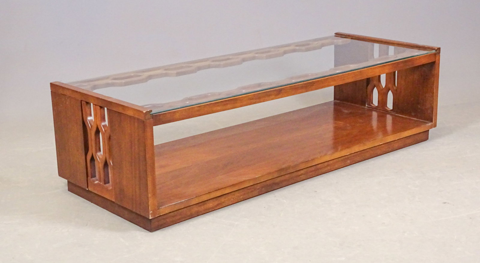 Mid Century Brutalist Coffee Table: Mid Century Brutalist glass top coffee table. 54" x 20" x 14 1/2" Ht