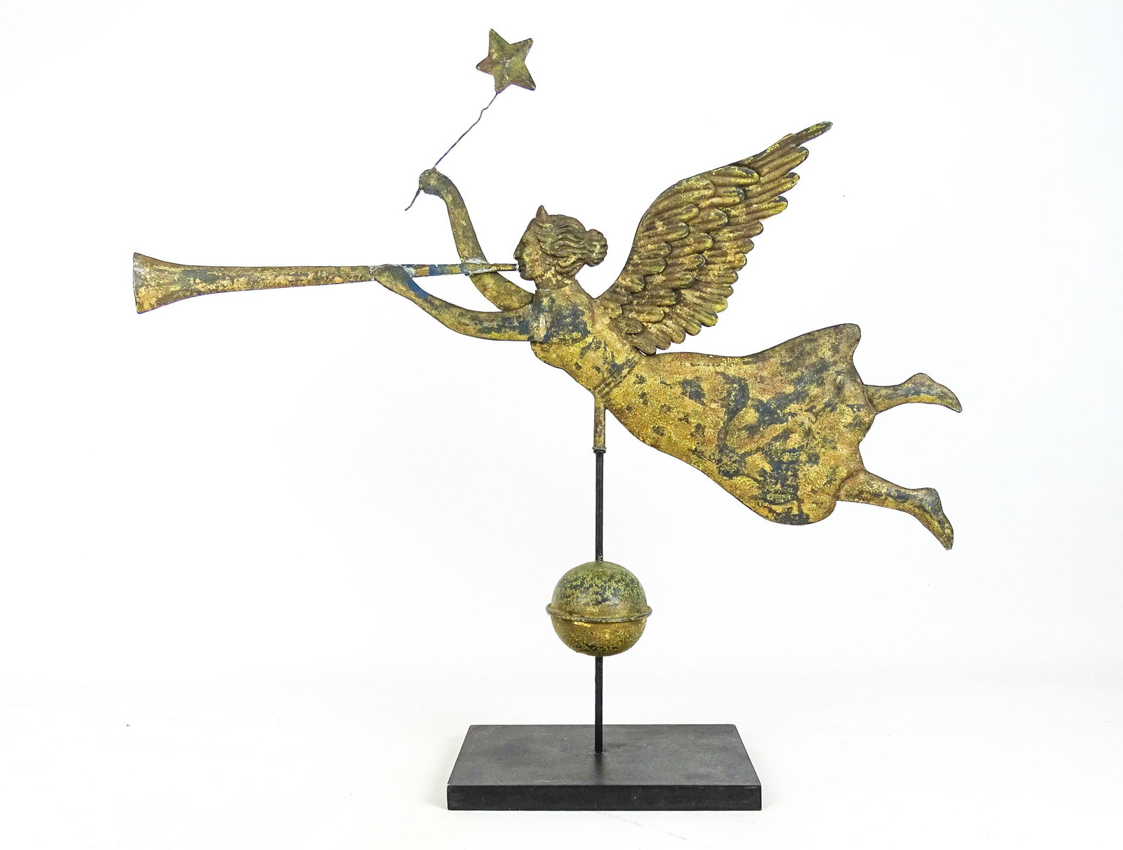 Angel Blowing Horn Weathervane: Angel blowing horn weathervane. Base included. Traces of gold paint. 26" x 20".