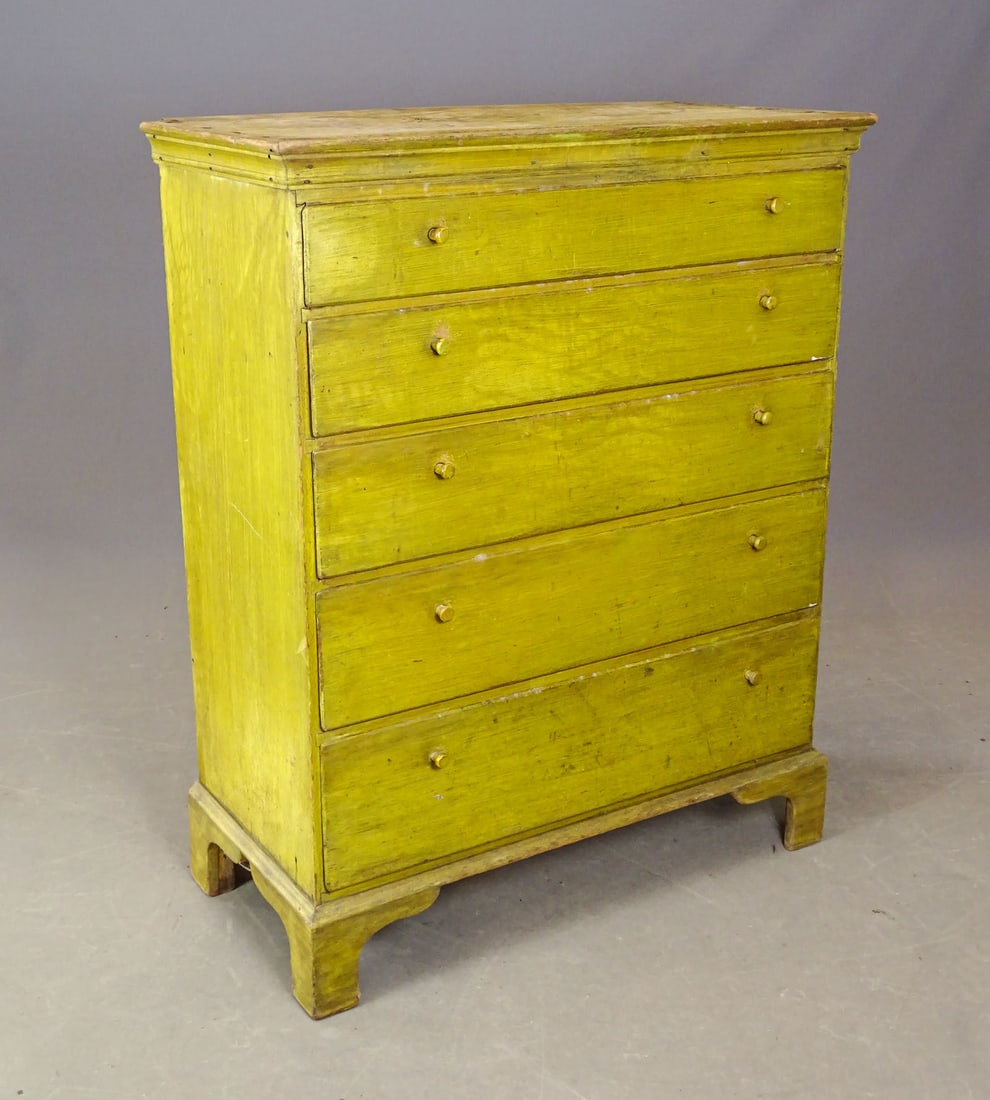 18th c. Semi-High Chest of Drawers: 18th c. semi-high chest of drawers in chrome yellow paint surface. 39" x 18" x 48" Ht..