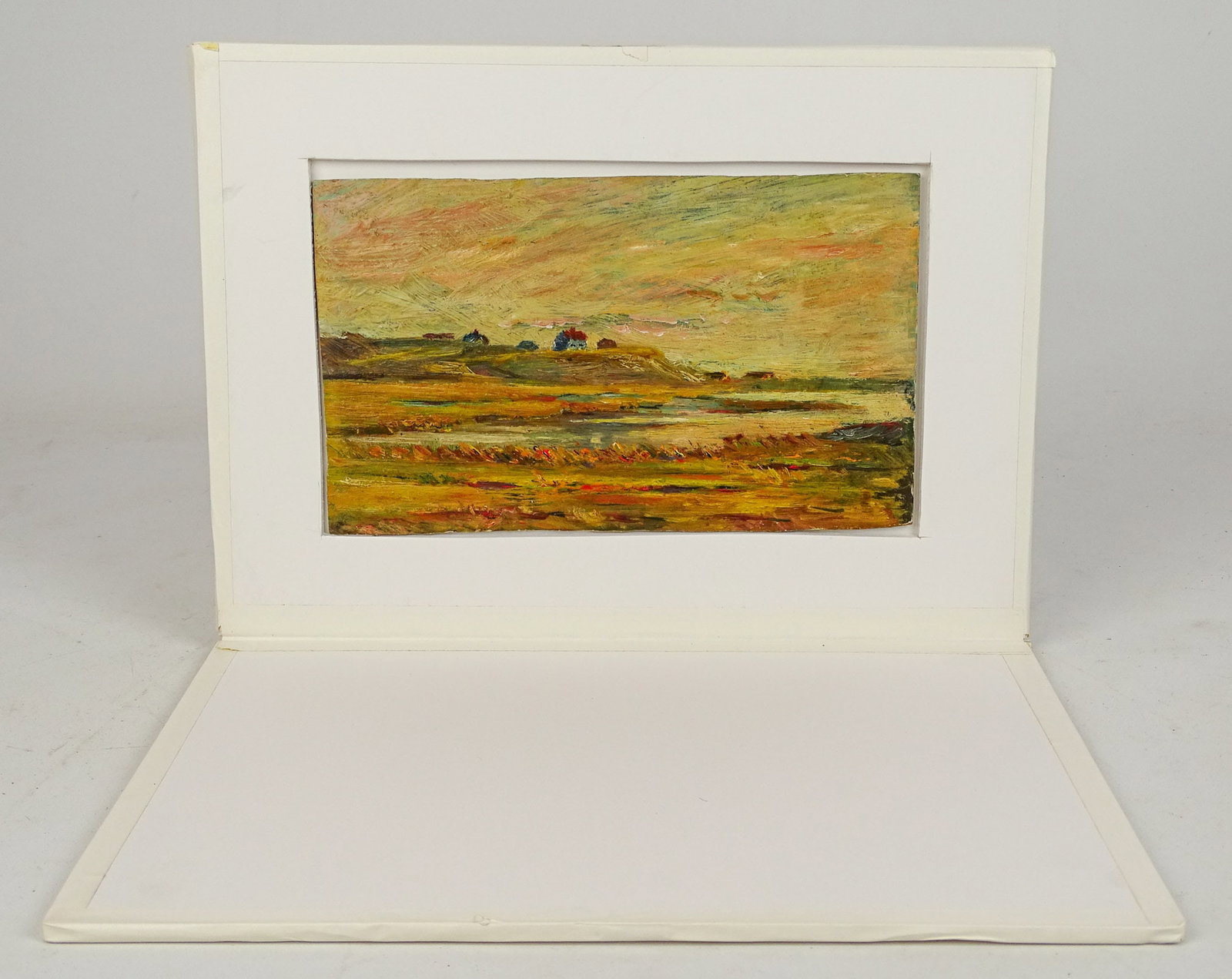 Painting: Impressionist Landscape: Painting: 19th c. American School, Impressionist landscape. Oil on academy board. 5 5/16" x 8 7/8". Label on back for Academy Board made for Wadsworth Howland & Co., Boston, by F.W. Devoe & Co., New