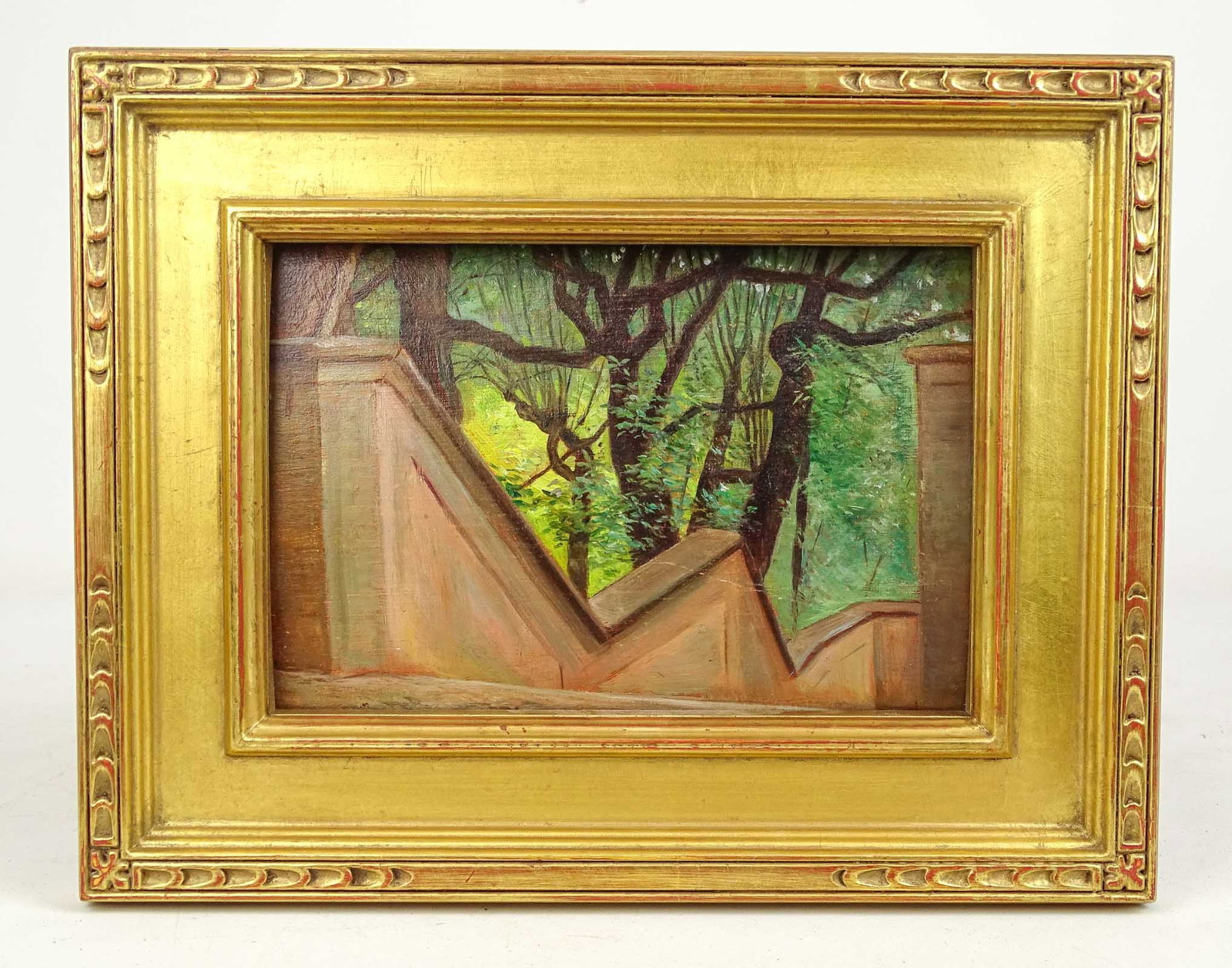Frank Von der Lancken (1872-1950): Painting: Frank Von der Lancken (1872-1950), wall in landscape, oil on panel. Estate stamp verso. Overall in frame 9" x 11 1/2". Gilded frame.