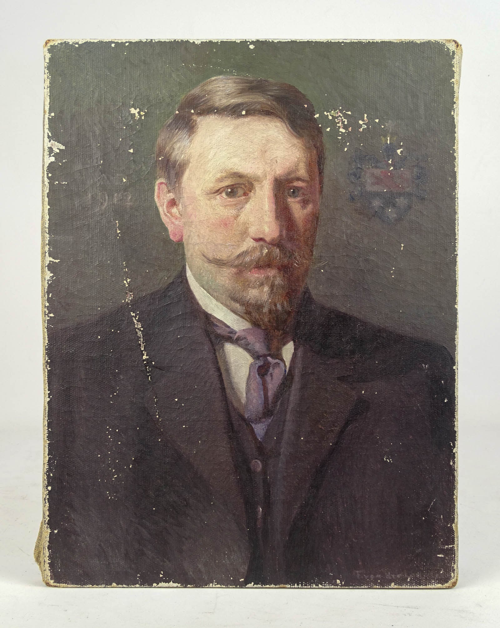 Frank Von der Lancken (1872-1950): Painting: Frank Von der Lancken (1872-1950), portrait of a gentleman. Oil on canvas. Family crest top right corner. Unframed 16" x 12 1/2". Dated 1912. Imperfections.