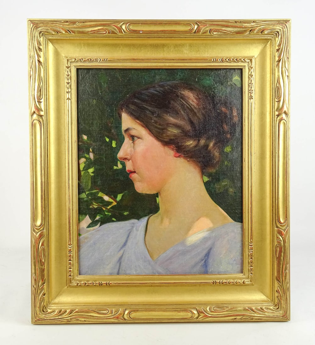Frank Von der Lancken (1872-1950): Painting: Frank Von der Lancken (1872-1950), portrait of a woman. Oil on panel. Estate stamp verso. Gilded frame. Overall in frame 22" x 19".