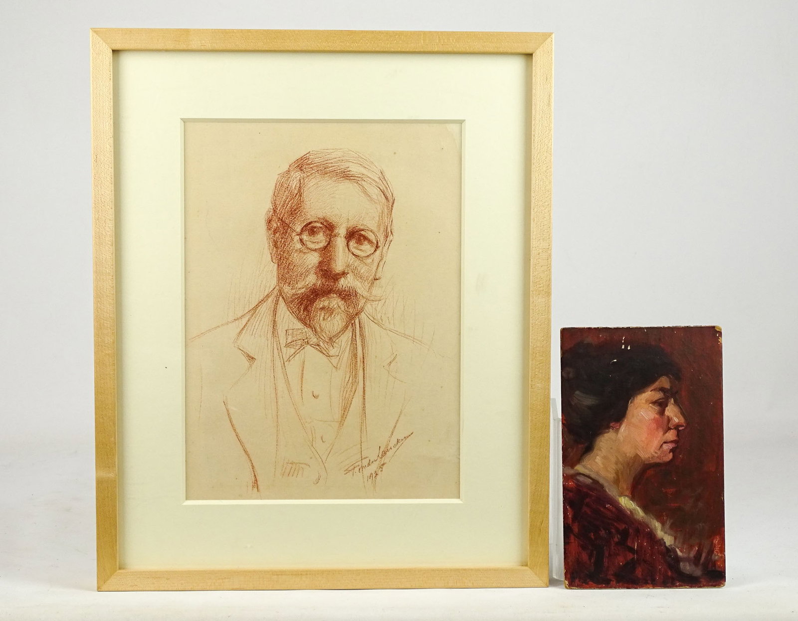 Frank Von der Lancken (1872-1950): Artwork Lot: Frank Von der Lancken (1872-1950), portrait of a woman, oil on panel (8" x 5"), drawing of a man dated 1925 (overall in frame 16 1/2" x 13 1/2").