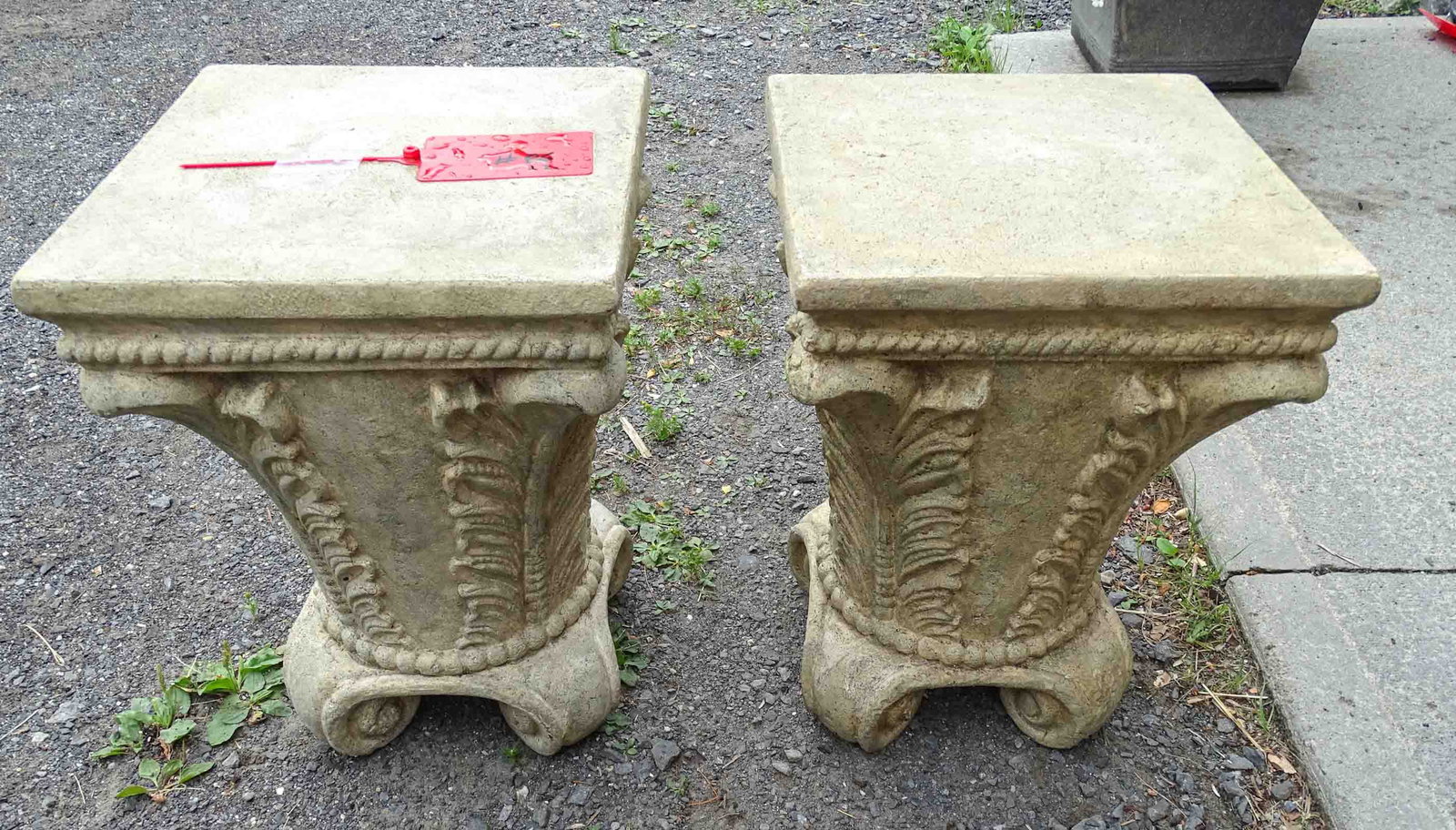 Pair Composition Plinths: Pair of composition plinths. Made to look like concrete. 12" D., 18" Ht..