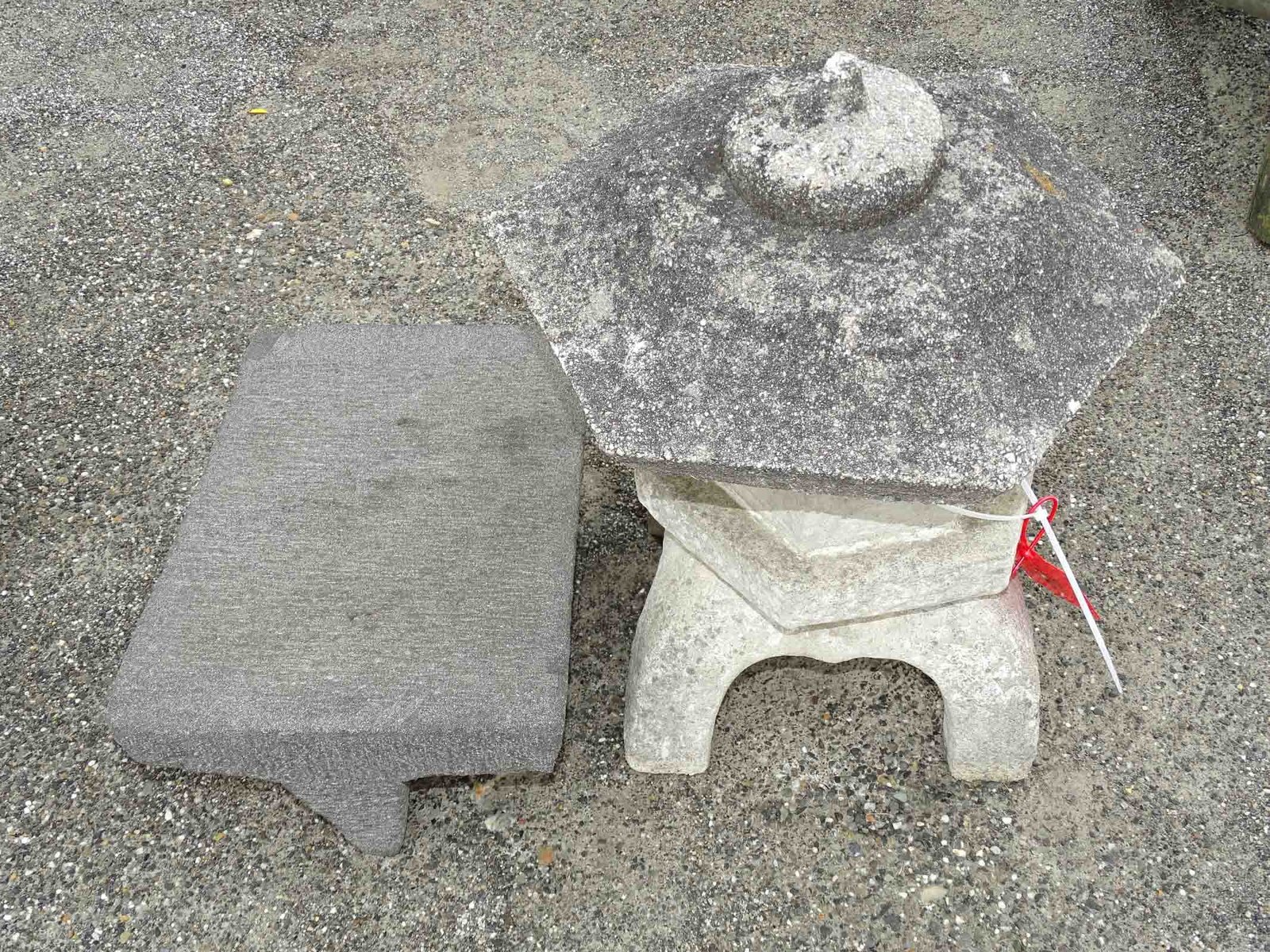 Poured Stone Pagoda: Lot including poured stone two part Pagoda (21" Ht.), and stand (18"x 12" x 9").