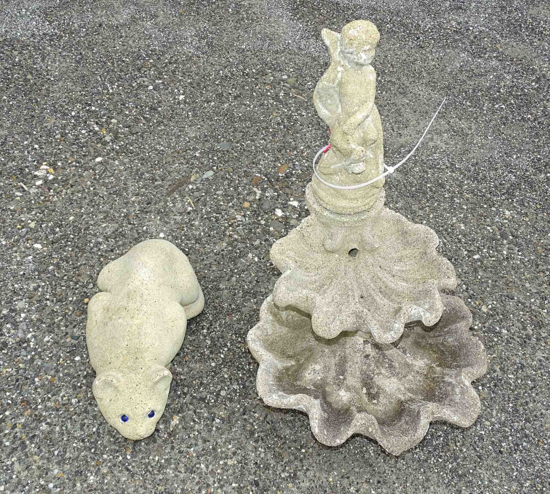 Poured Stone Cat Lot: Lot including: Poured stone cat (15" L.), and shell fountain (20" Ht.).