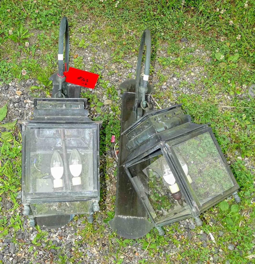 Pair Copper Outdoor Lanterns: Pair of copper outdoor lanterns. 26" L..
